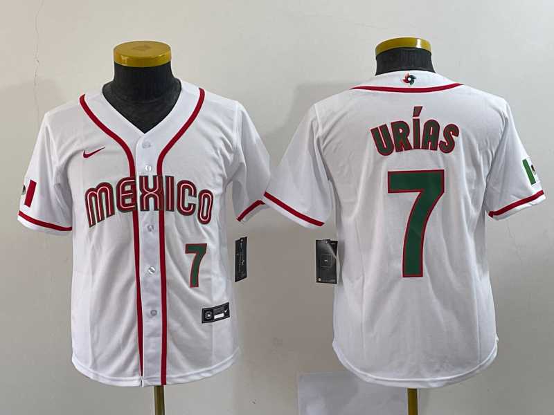 Youth Mexico Baseball #7 Julio Urias Number 2023 Red World Baseball Classic Stitched Jersey 3